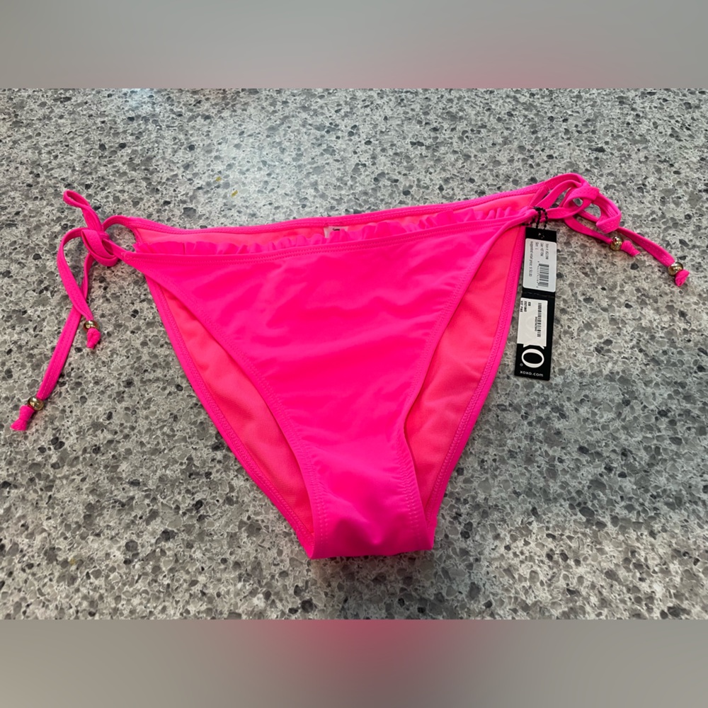 XOXO Barbie Hot pink ruffled high waist beaded tie up sides bikini bottom NEW Lg